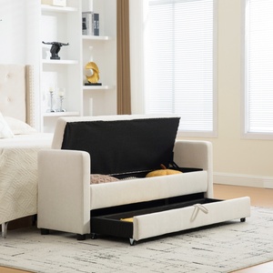 Banc de rangement moderne et durable, rembourré, double espace de rangement, en tissu moelleux, repose-pieds de chambre, accoudoirs roulés, beige, facile à assembler - Product Image 3