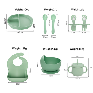 Ensemble de vaisselle pour bébé en silicone sans BPA : bols, assiettes, tasse d'apprentissage, attache-tétine, bavoirs, fourchette, cuillère - Product Image 5