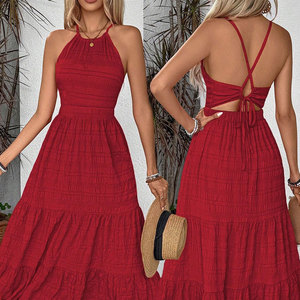 Robe Halter Rouge Vintage pour Femme, Taille Haute, <span class=keywords><strong>Dos</strong></span> <span class=keywords><strong>Nu</strong></span>, Idéale pour l'Été - Product Image 4
