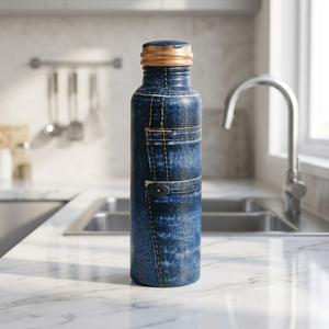 Bouteille d'eau en métal style denim avec couvercle en cuivre, portable pour les voyages - Product Image 1