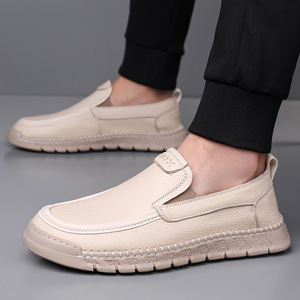 Mocassins pour hommes en cuir de vachette, bout rond, à enfiler, en cuir véritable, chaussures décontractées de bureau pour l'automne - Product Image 2
