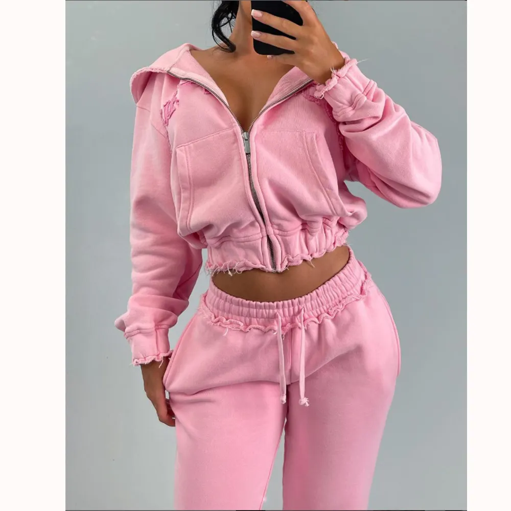 Custom Pink Distressed Zip Hoodie Women Tracksuits Workout Joggers Sets Women Two Piece Pants Set Women's Sweatsuits Set