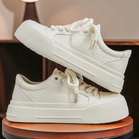 Baskets basses plates pour femme, style 'Cookie', blanches, en cuir microfibre, à lacets, Nouvelle collection Printemps 2026, style rétro coréen