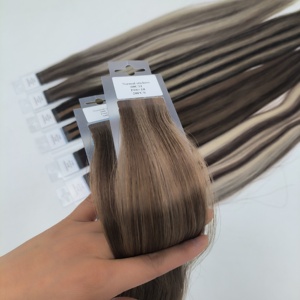 Extensioni per capelli umani Remy con nastro adesivo, capelli cinesi, 24 pollici, castano <span class=keywords><strong>scuro</strong></span>/<span class=keywords><strong>biondo</strong></span> caramello con riflessi, doppia trama a macchina, 20 pezzi/50g - Product Image 4