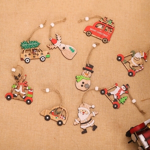 Ensemble de décorations pour arbre de Noël, voiture en bois avec Père Noël de dessin animé, ornements suspendus, décorations de Noël rustiques en bois naturel - Product Image 2