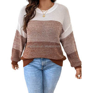 เสื้อสเวตเตอร์คอกลมเปิดไหล่แบบสวมหัวลายบล็อกสีพิเศษสเวตเตอร์ออกแบบได้ตามต้องการสำหรับฤดูใบไม้ร่วงและฤดูหนาว - Product Image 4