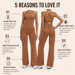 Conjunto de Yoga Premium para Mujer en Color Marrón Caramelo con Top Deportivo y Pantalones de Cintura Alta con Corte Acampanado para Fitness Profesional - Product Image 5