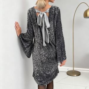 Robes tendance pour femmes, style streetwear, col rond, sequins, nœud papillon à la taille, automne/hiver - Product Image 1