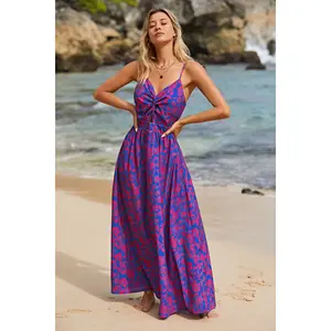 Clothing Manufacturer Custom Lady's Floral Print Knotted V-Neck Maxi Casual Summer Dress Women's Sleeveless V-neck Elegant Dress