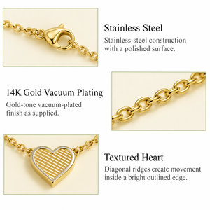 Collier Cœur Texturé en Acier Inoxydable Plaqué Or 14K par Galvanoplastie Sous Vide, Chaîne Réglable 43 + 5 cm, 1,6 x 1,2 cm, 5,7 g - Product Image 2