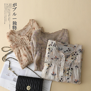 Camicie da <span class=keywords><strong>donna</strong></span> all'ingrosso estive 2026 in ramiè, eleganti, <span class=keywords><strong>con</strong></span> stampa floreale frammentata, stile retrò francese, taglie forti - Product Image 5