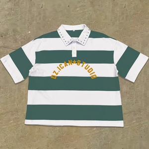 เสื้อยืดคอตตอน 100% ทรงดรอปไหล่ ตัดสั้น สตรีทแวร์ ลายทาง เสื้อยืดโอเวอร์ไซส์ เสื้อโปโลปักคริสตัลแบบหนาพิเศษสั่งทำได้ - Product Image 1