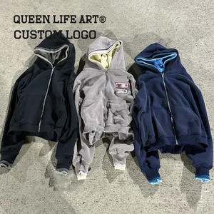 Giacche con cerniera personalizzate doppio 3 triplo strato con cappuccio da uomo Over Size in cotone pesante 300g <span class=keywords><strong>felpa</strong></span> con cappuccio Unisex in spugna francese - Product Image 1