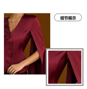 新しいVネック無地ブラウス、フランス風立体花柄装飾サテン長袖コート（女性用） - Product Image 4