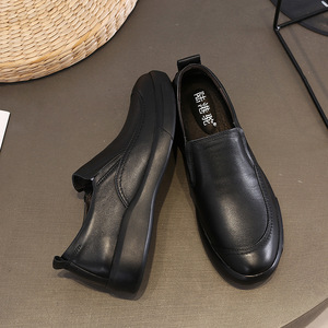 Lukangyuan Men's <b>Round</b> Toe Loafers Black Genuine Leather Slip-On <b>Cushioned</b> Rubber Sole All Seasons Chunky Shoes - Product Image 2