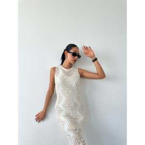 Elegante Vestido de Punto Calado con Cuello Alto, Ajustado, Cintura Natural, Transpirable, Vestido Suéter para Mujer - Product Image 1