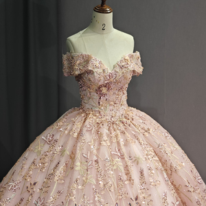 La principessa <span class=keywords><strong>rosa</strong></span> Quinceanera veste con la spalla abito da ballo dolce abito da 16 abito <span class=keywords><strong>oro</strong></span> Appliques abito di pizzo Dy9958-1 - Product Image 1