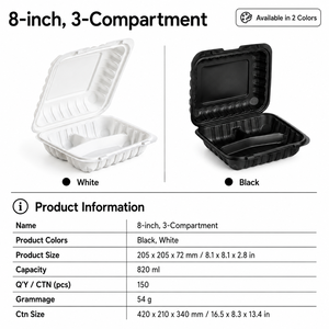 White 8-Inch 3-<b>Compartment</b> Clamshell Food Container MFPP Plastic Disposable <b>Lunch</b> <b>Box</b> - Product Image 2