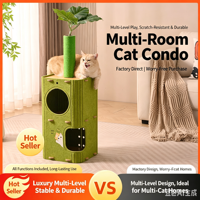 Condo pour chat multi-espaces en bois avec griffoir, perchoir supérieur, espace privé à plusieurs niveaux, arbre à chat d'intérieur, carton écologique
