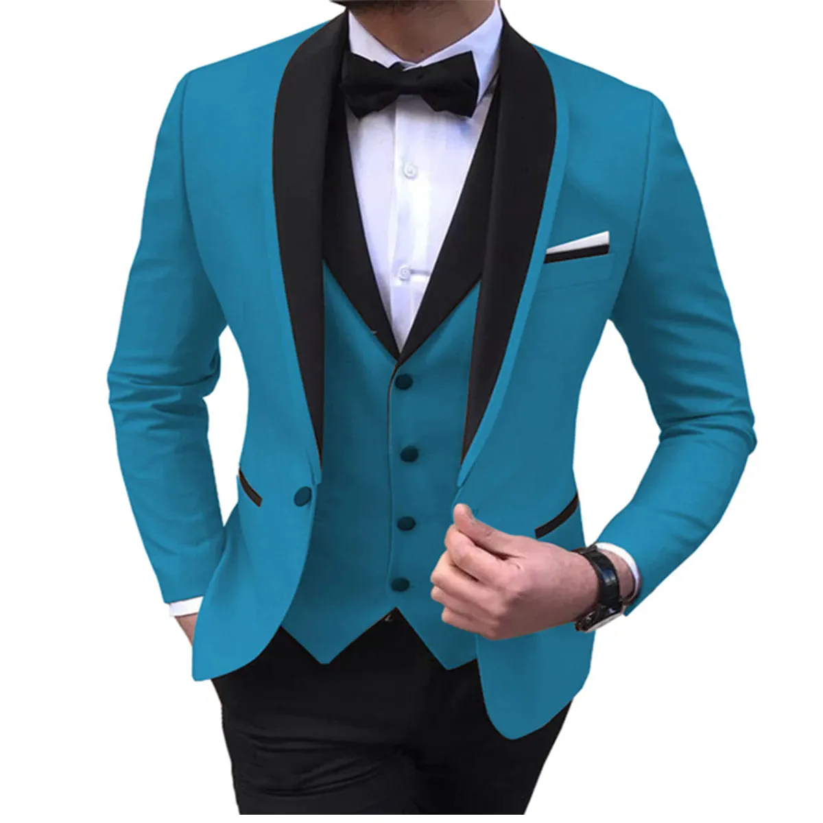 Blue Slit Mens Suits 3 Piece Black Shawl Lapel Casual Tuxedos for Wedding Groomsmen Suits Men 2023 Vest Pant
