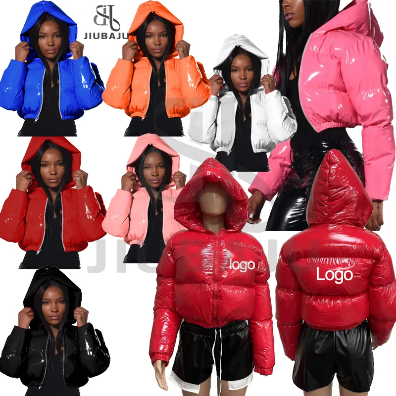 Fashion Women Bright PU Black Puffer Jacket Winter Warm Bubble Coats Shiny Leather Parkas Down Zipper Parkas