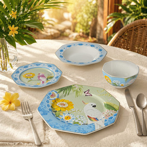 Juego de Vajilla de Cerámica Octogonal de Lujo de 24 Piezas, Platos y Tazones de Porcelana con Diseño Floral de <span class=keywords><strong>Cacatua</strong></span> Exótica, Vajilla con Borde Dorado para 6 Personas - Product Image 1