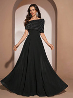 Robe de soirée élégante en mousseline de soie couleur unie avec strass thermocollés pour femme