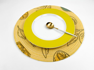 Bright <strong>Yellow</strong> Lemon Woven Round <strong>Placemat</strong> with Green Leaf Pattern Heatproof Non Slip Washable Dining Table Mat for Summer Decor - Product Image 2