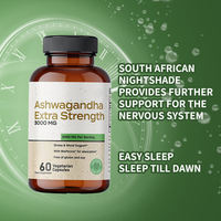Capsules d'Ashwagandha extra forte 3000 mg par dose, 120 unités, testées en laboratoire, sans OGM, complément alimentaire en marque privée