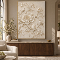 Peinture murale 3D en relief, fleurs blanches, oiseaux et pivoines, texture texturée, cadre doré pour salon, chambre à coucher, décoration intérieure