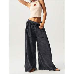 Pantalones Palazzo de Mujer Personalizados de Pierna Ancha con Lavado Ácido, Cintura Elástica con Cordón, Talle Alto, Bolsillos y Tejido de Felpa Casual - Product Image 3