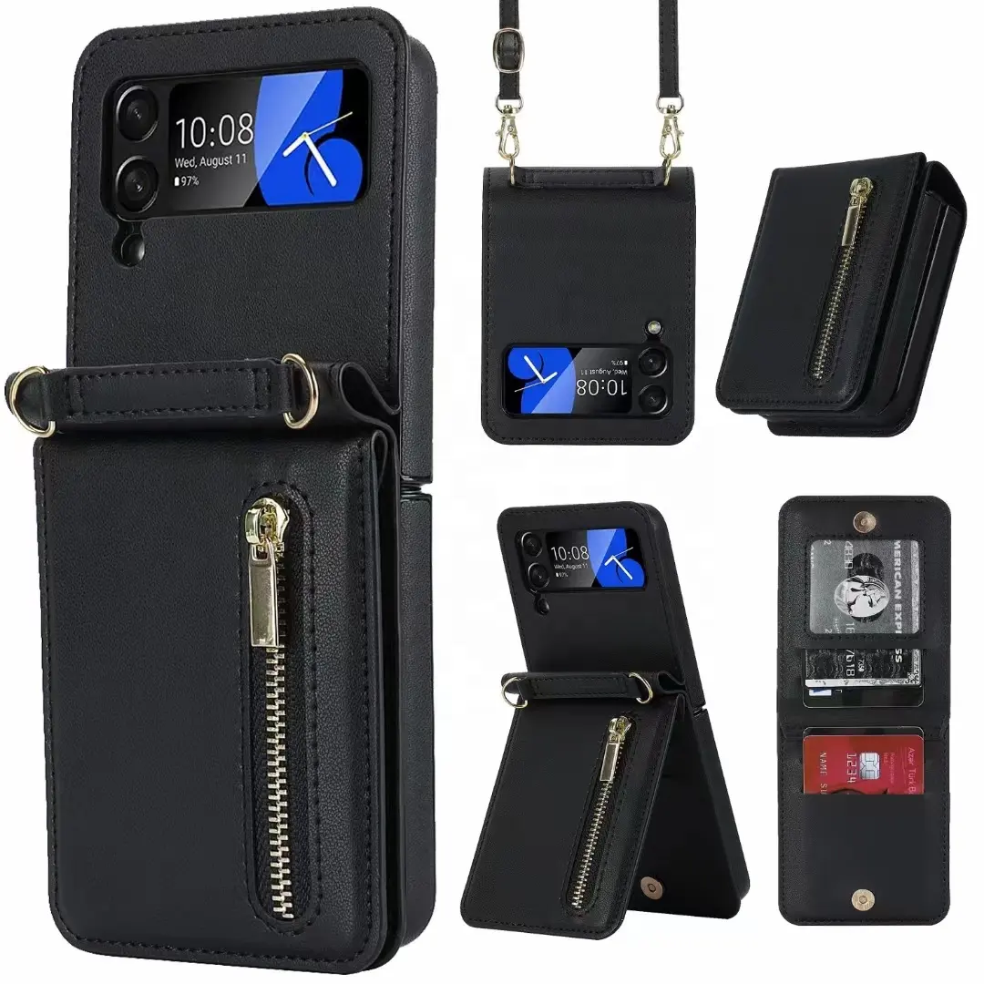 Luxury Flip Zipper Wallet Case Premium Leather Mobile Cell Phone Cover with Lanyard Card Slot Holder for Samsung Z Flip 3 4