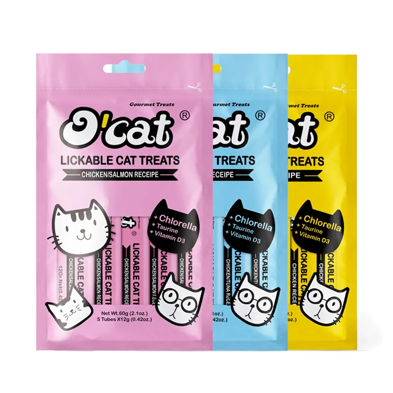 Fabricant professionnel de collations pour chats Poulet Saumon Thon 3 saveurs Chat Friandises crémeuses Nourriture humide Friandises pour chats