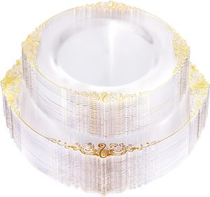 Piatti di lusso in pizzo oro trasparente con bordo in pizzo piatti in plastica Premium Set piatti da pranzo per matrimoni usa e getta per 50 <span class=keywords><strong>guste</strong></span> - Product Image 6