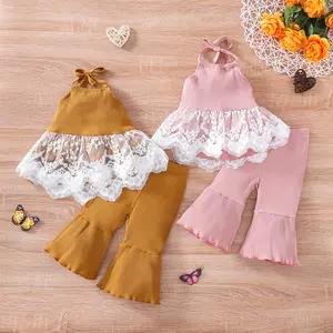 2022 Sommer Neue feste Spitze Neck holder Bluse Bell Bottom Hose Zweiteiler Set Mädchen Rib Strip Boutique Kinder kleidung