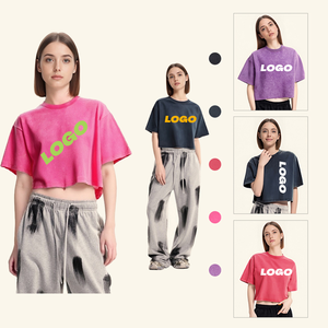 T-shirts courts pour femmes, délavés à l'acide, à manches courtes, amples en coton, col rond vintage, basiques et décontractés - Product Image 1