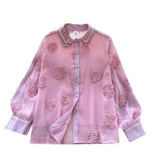 Blouses décontractées à manches longues en maille pour femme, col orné, motifs floraux et perles, hauts élégants pour femme, vente en gros - Product Image 5