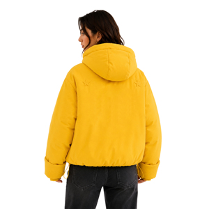Blouson mat jaune matelassé à capuche pour femme avec motif gaufré, manteau court d'hiver isolé, vêtement d'extérieur à cordon de serrage réglable - Product Image 3