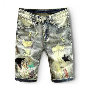 Liluo 2024 estilo nostálgico vintage hip hop jeans azul destruir efeito de iluminação linha de costura shorts jeans masculinos