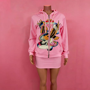 可爱春季两件套女式印花卫衣拉链连帽衫短款上衣和抽绳半身裙两件套半身裙套装 - Product Image 1