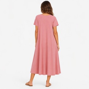 Robe Midi Décontractée en Coton Lavé Doux 180 GSM pour Femme, Col V Trapeze, Style Bohème California <span class=keywords><strong>Ranch</strong></span>, Vente en Gros, Logo Personnalisé OEM - Product Image 3