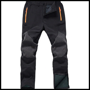 Pantalones de esquí y snowboard negros para hombre con cremalleras naranjas y rodillas reforzadas, ropa de invierno a prueba de viento - Product Image 1