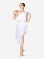 Robe de danse blanche pour filles avec accent floral doré à la taille, asymétrique à une épaule, costume de scène