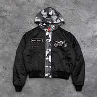 Blouson aviateur noir pour homme avec capuche camouflage amovible, broderie et multiples poches