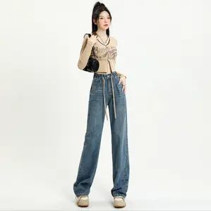 2023 Awal Musim Semi Jeans High Street Wanita Trendi Merek Pumping Jean Desain Pinggang Tinggi Lebar Kaki Celana Denim untuk Dijual