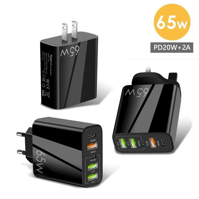 X905 Factory Price Universal 65w 5 Usb Port 2 Usb C Fast Wall Socket With Uk Eu Us Plug Qc3.0 Pd20w Type C Wall Charger