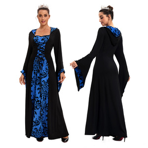 Vestido de Noche para Mujer Estilo Europeo Americano, Medieval con Capucha, Falda Larga Estampada, Retro Literario, Manga Larga, Línea A, Satén, Corte Imperio - Product Image 1