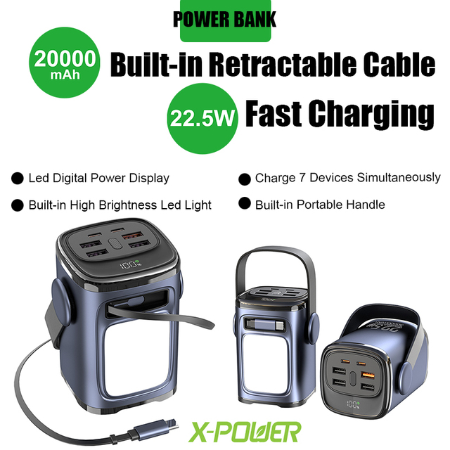 Built in Retractable Cable 20000mAh Power Bank PD 22.5W Fast Charging Phone Charger with Led Light 188 Power Display PD60-20000