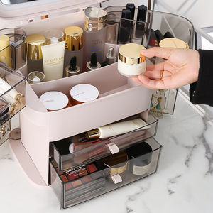 Cosmetic <b>Storage</b> Box With Mirror And <b>Drawers</b> For Makeup Organizer <b>Plastic</b> Dustproof White And Pink - Product Image 2