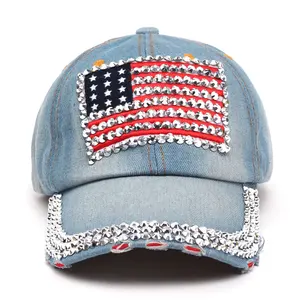 Tùy chỉnh thêu handmade denim vải USA Rhinestone Mũ bóng chày